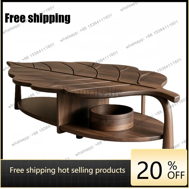 YJ modern simple leaf shape solid wood coffee table black walnut oval double-layer storage