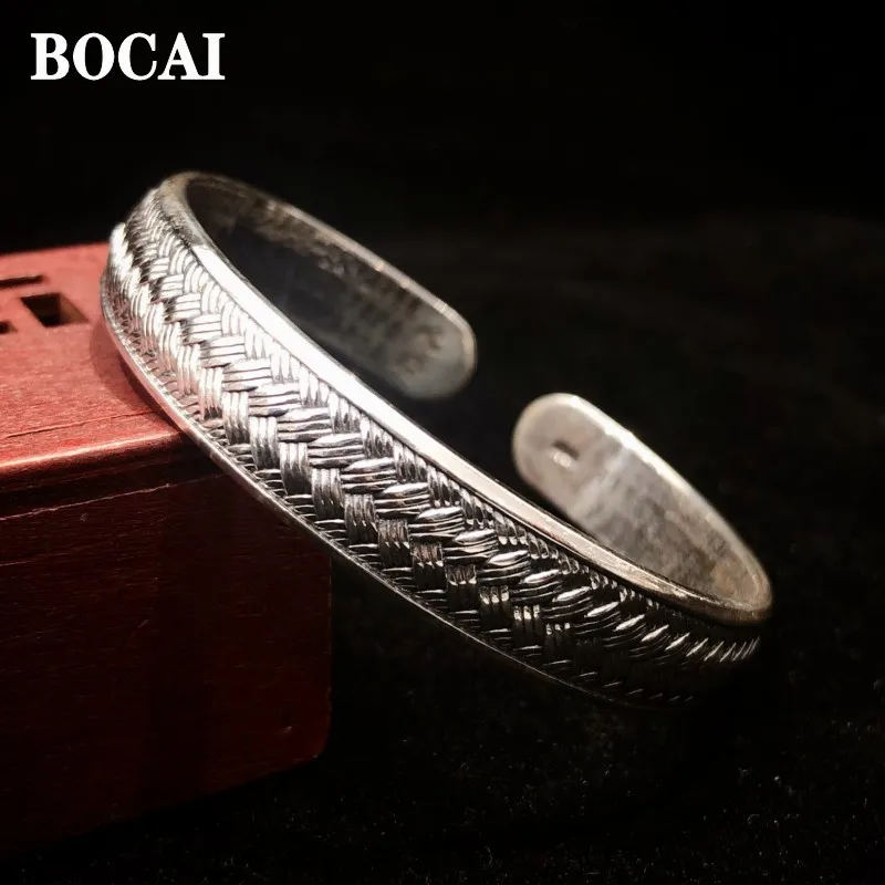 

Genuine Real S999 Silver Jewelry Retro Personality Texture Woven Pattern Heart Sutra Couple Bracelets for Men and Women