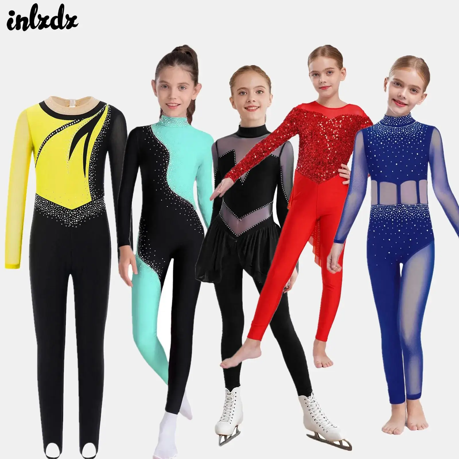 키즈 소녀 메탈릭 체조 발레 댄스 언타드 점프 슈트 긴 소매 뒤로 보이지 않는 지퍼 바디 슈트 피겨 스케이팅 의상