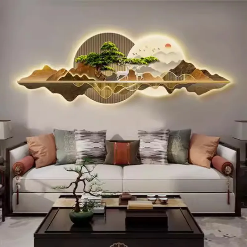 

Chinese Living Room Decorative Painting Modern Light Luxury Luminous Lamp Painting Welcome Pine Mural Sofa Wall Hanging Painting