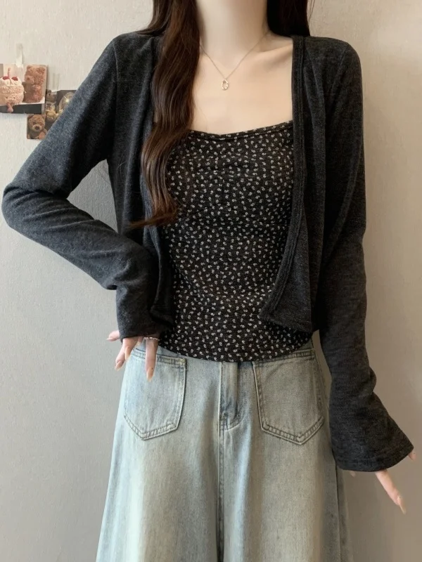 

Большой размер, корейский ретро жилет с цветочным принтом и ремешком, женский облегающий базовый слой, топ, бот, комплект из двух предметов, осенняя одежда