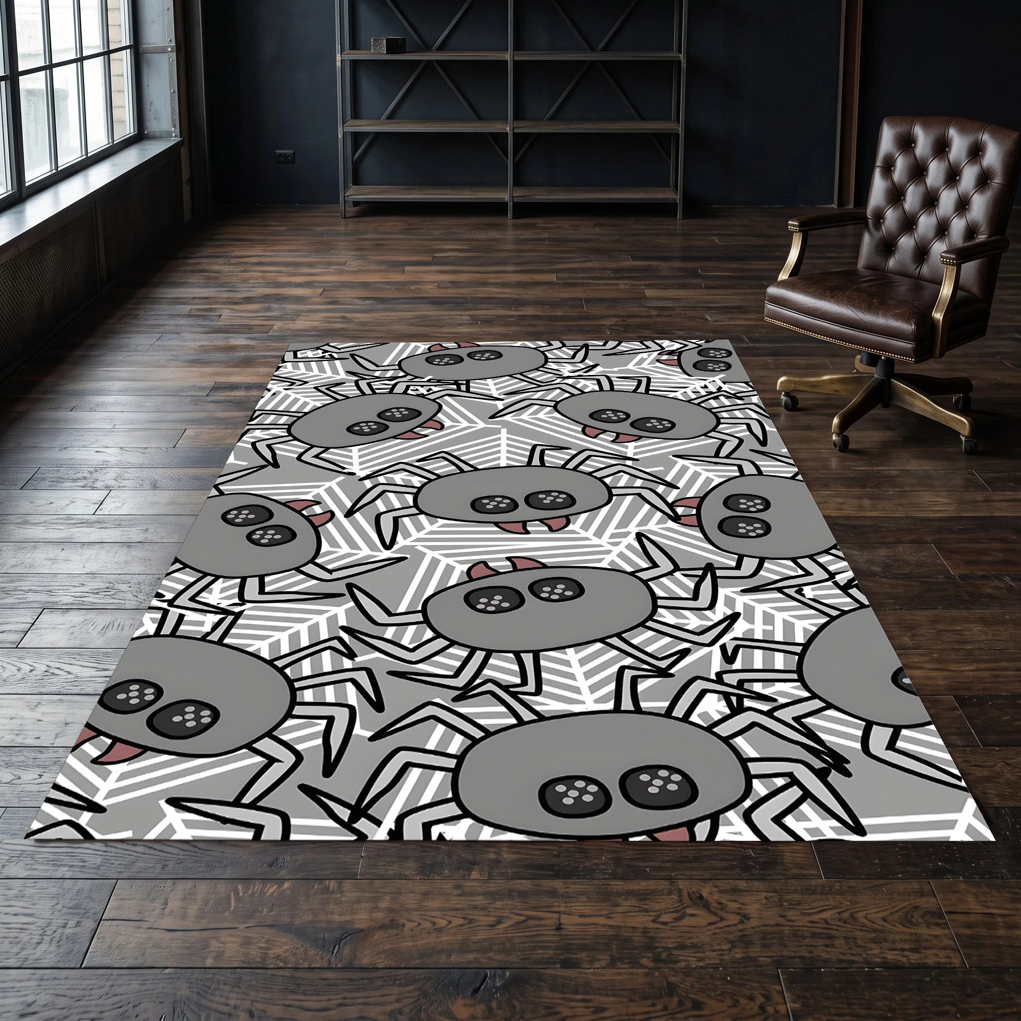 Cartoon Spider Halloween Area Rug, Grey‑White Spider Web Pattern, Fun Retro Style for Living Room Entryway Autumn Festival Decor