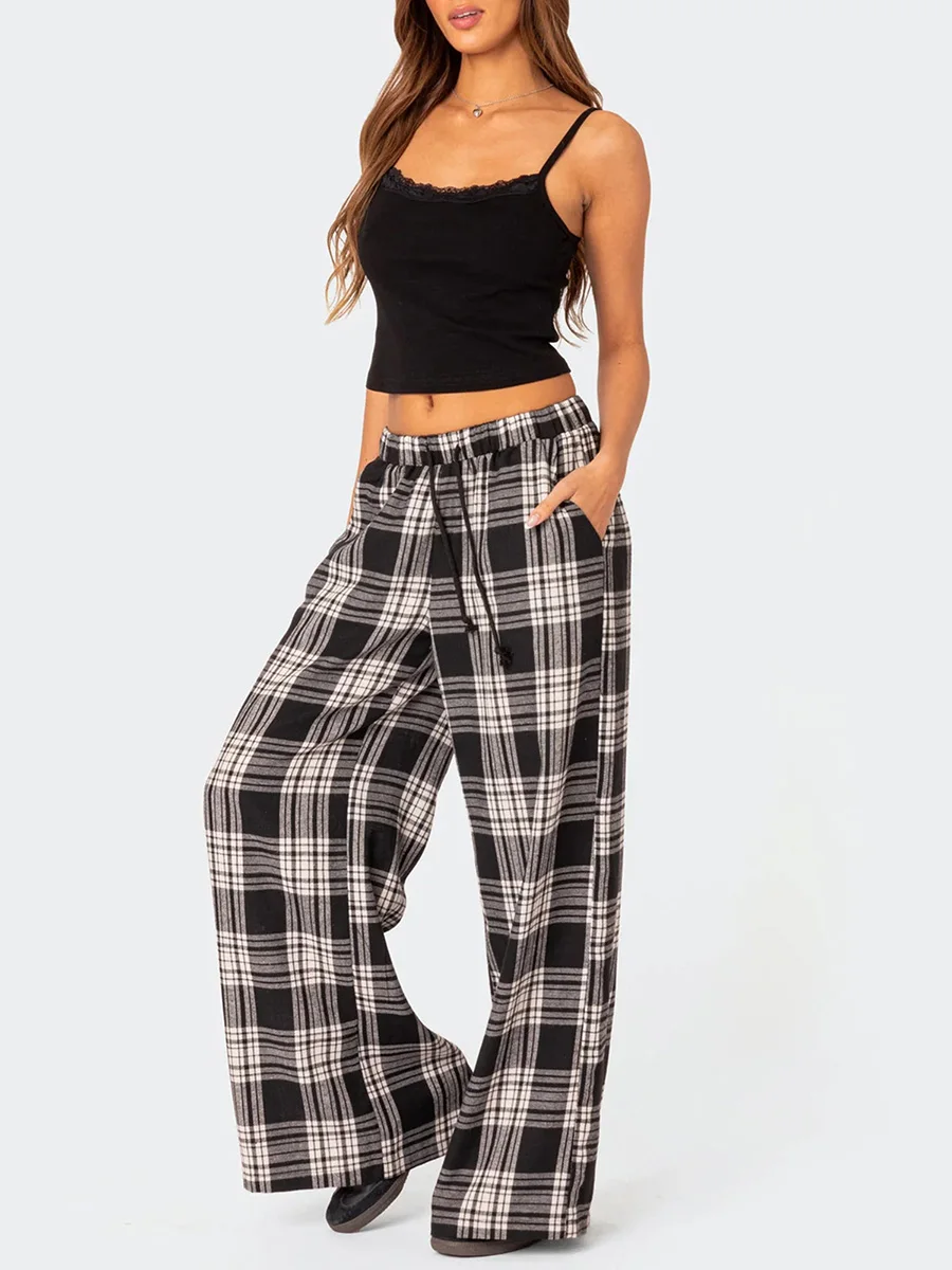 Women Y2k Oversize Pants Sweatpants Summer Fashion Plaid Casual Pants Elastic High Waist Casual Pockets Pajama Pants Streetwear