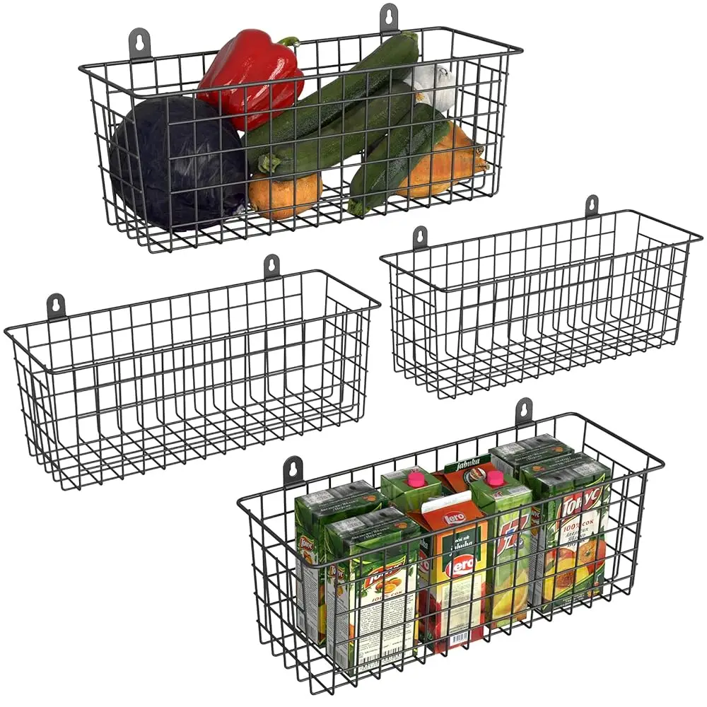 

Extra Large Hanging Wall Basket 4-Pa Wall Mounted Wire Basket Cabinet Storage Bin Organizer Wall Shelves Farmhouse Decor For