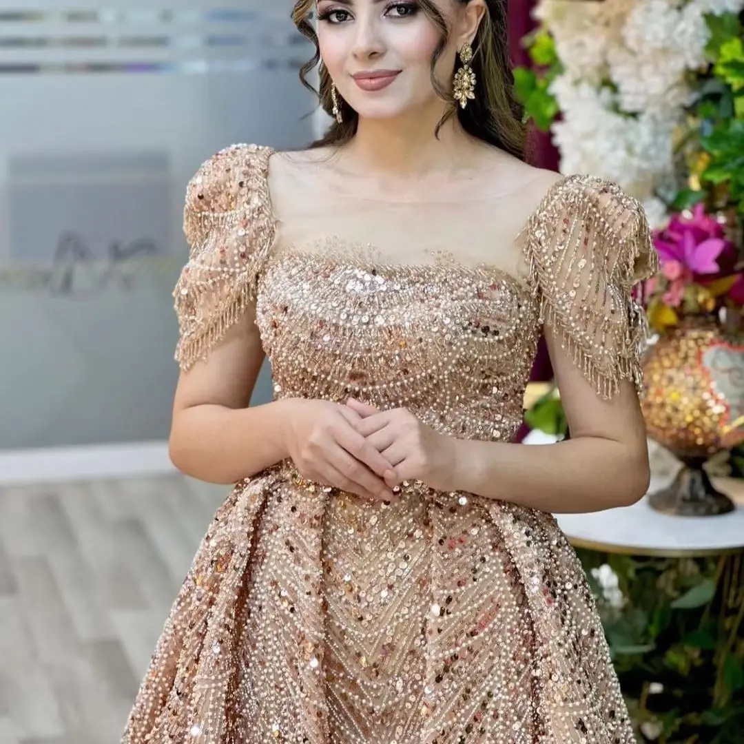 

FATAPAESE Customzied لباسمجلسی Square Neck Sequins Wedding Gown Nude Beading Stones Sparking Bodice Princess A-Line Gown Ball