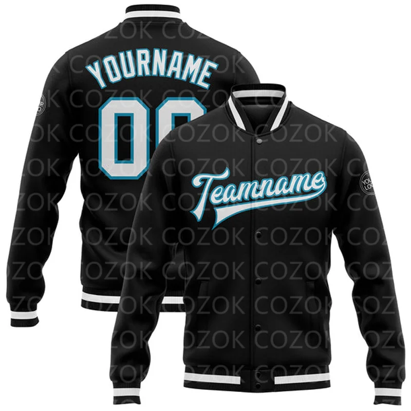 Custom Black Cyan 3D Printed Baseball Button Jacket Bomber Full-Snap Varsity Letterman Jacket