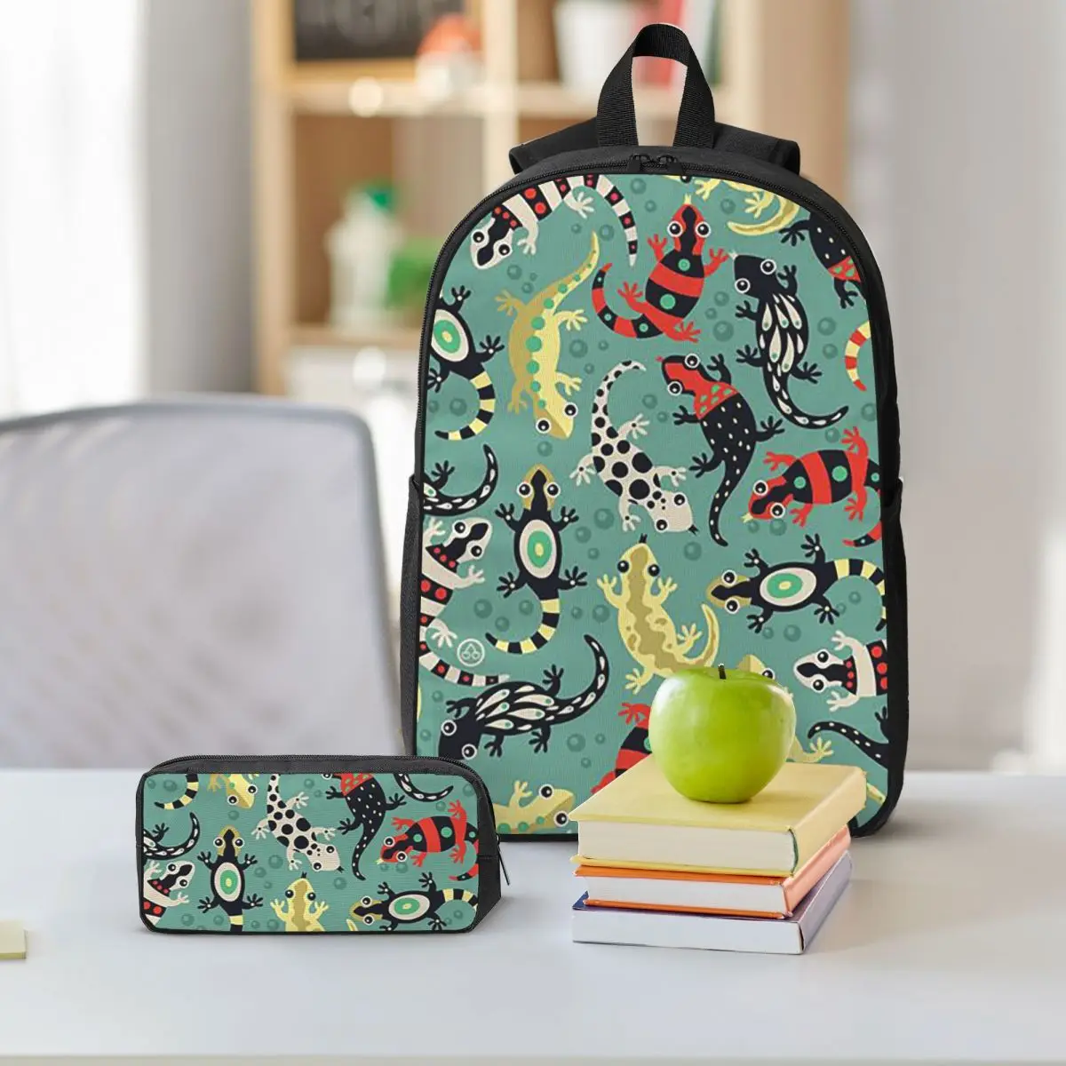 Cartoon Reptile Pattern Backpack Student BookBag School Bag Shoulder Bags 3ps Insulated Lunch Bag Pencil Case