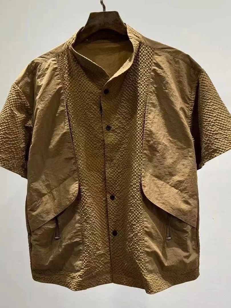 Summer Men's Shirt Stand Collar Patchwork Button Short Sleeve Fashionable Luxury Versatile Handsome Half Sleeve Top