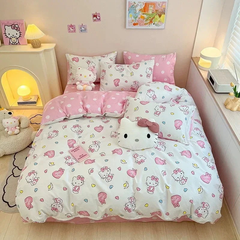 4Pcs/Set Sanrio Kawaii Hello Kitty Quilt Cover Bedding Set Cotton Bed Sheet Quilt Covers Soft Comfort Furniture Accessories Gift