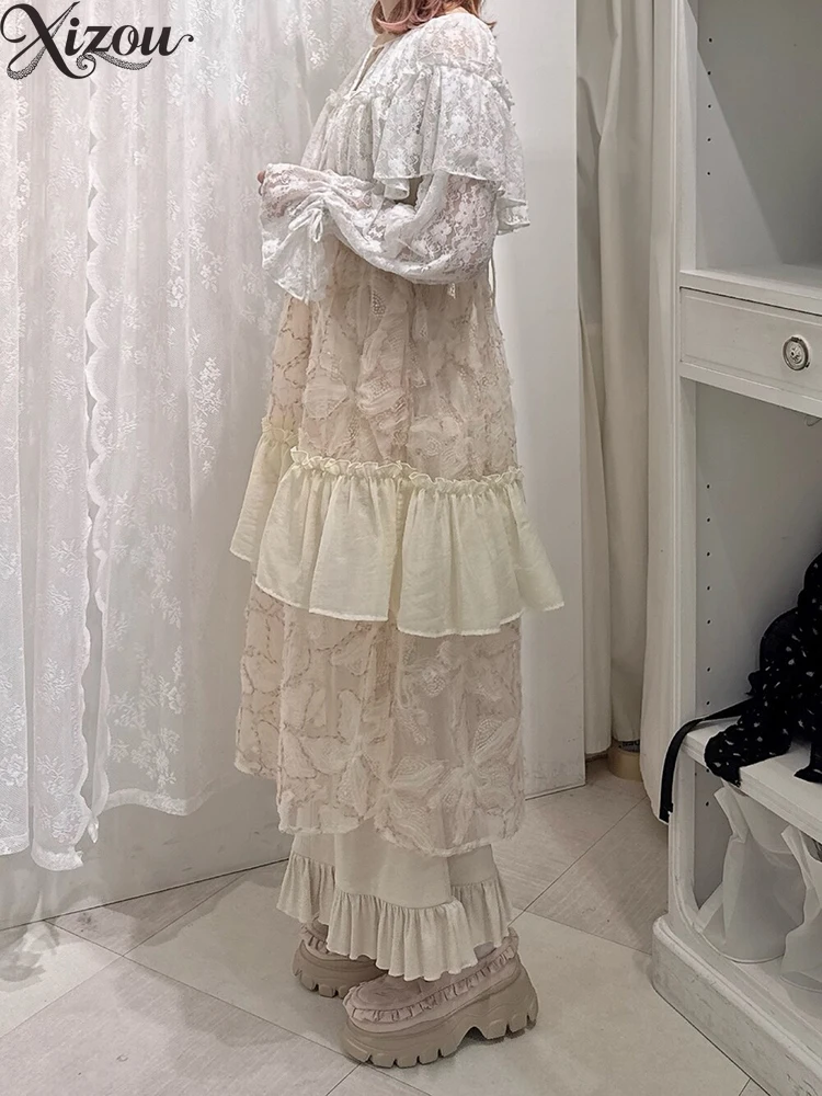 فستان فتاة حلوة زهرة كشكش شير بلا أكمام حزام طويل JSK لوليتا فساتين فضفاضة 2025 الخريف اليابانية الدانتيل الجنية سيدة رقيقة #6