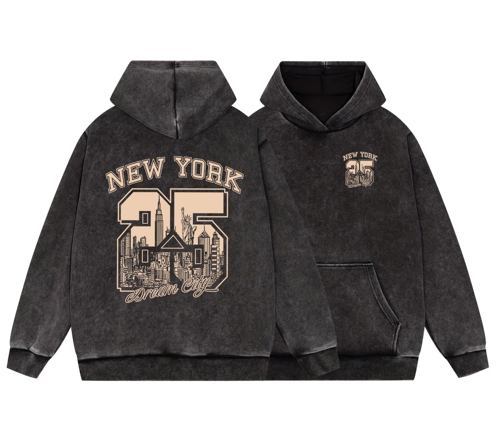 

New York Dream City Men'S Vintage Washed Cotton Hoodie Korean High Quality Pullover Street Casual Hoodie Warm Loose