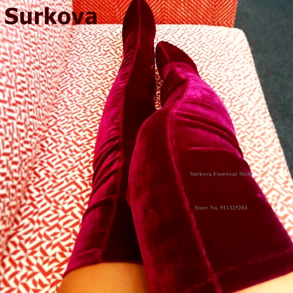 

Surkova Wine Red Grey Velvet Over The Knee Boots Chunky High Heel Zipped Thigh High Boots Luxury Fall Winter Long Boots Size46