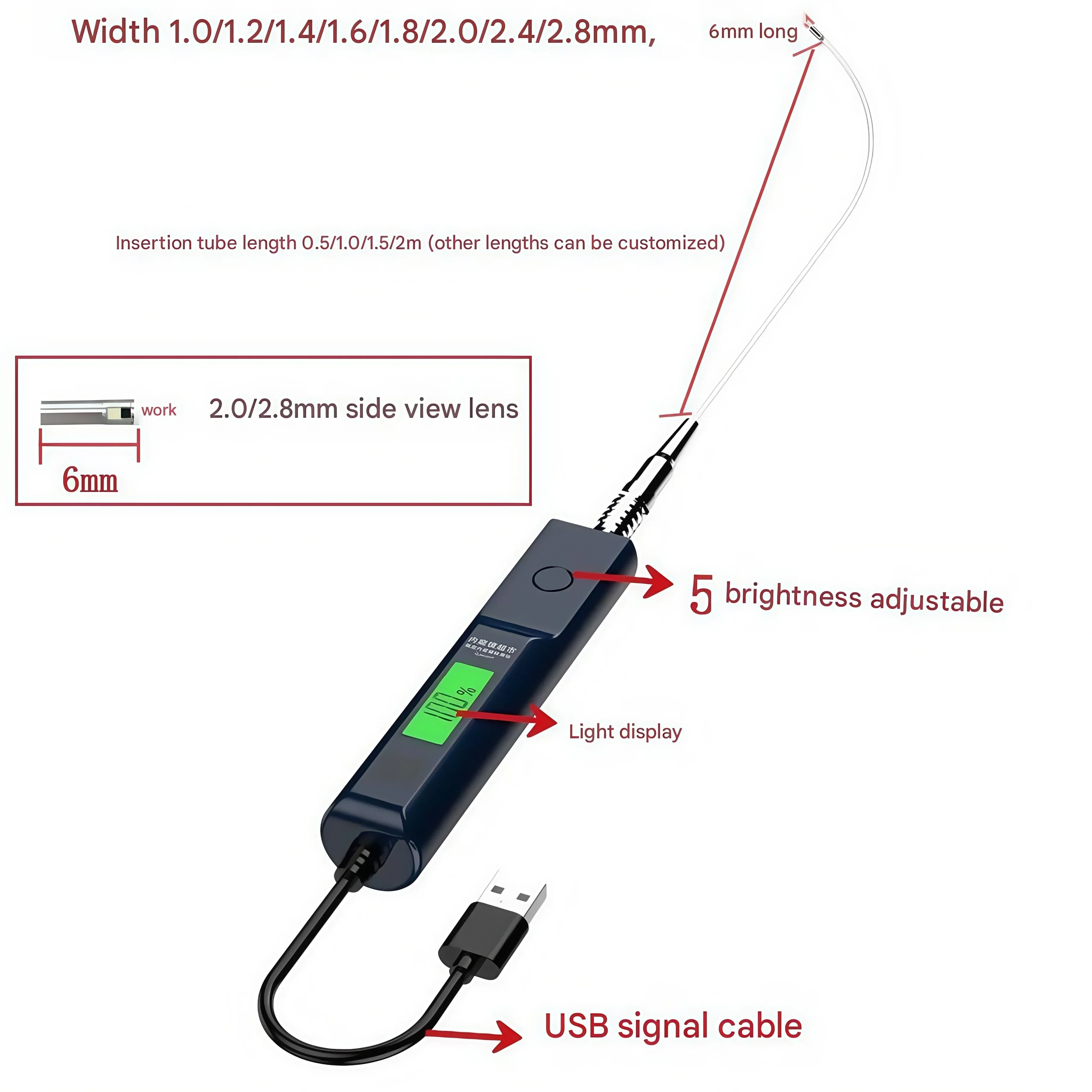 New product USB ultra-thin 1.0mm-2.8mm endoscope handle 5-level adjustable light with display nasal observation mirror