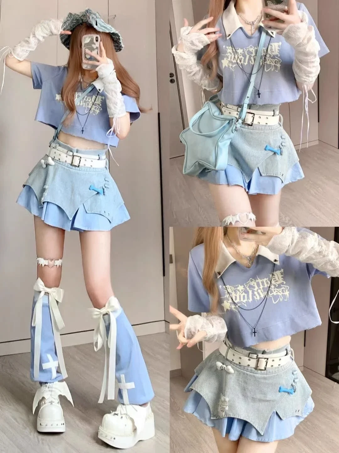 

Hot Girl Sexy Dopamine Girl Skirt Sets Women Summer Short Tops High Waist Denim Skirt Leg Warmer Kawaii Three Piece Set Women