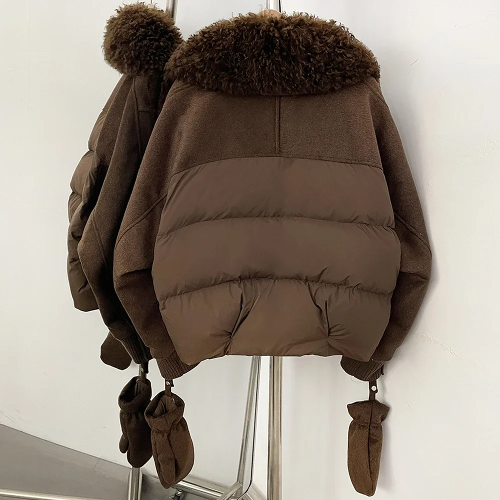 OFTBUY Abnehmbare Handschuhe Echte Lammwolle Pelz-Pufferjacke Daunenjacke mit Natürlichem Pelzkragen Neue Winter-Daunenkleidung für Damen – Detail 10