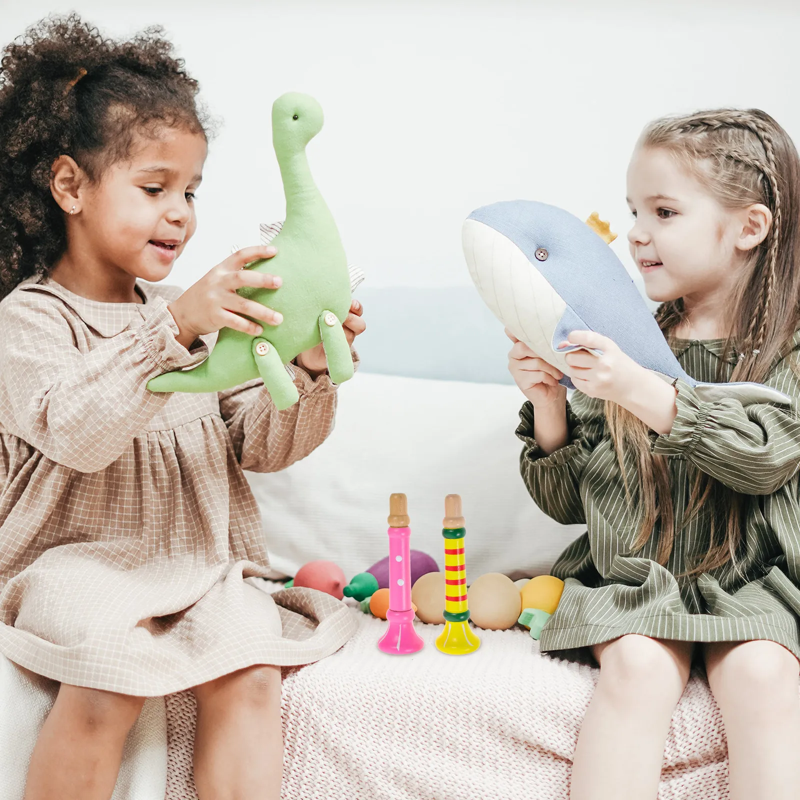 2Pcs Wooden Small Trumpet Colorful Cartoon Musical Instrument Early Education Gift Improve Kids Music Interest