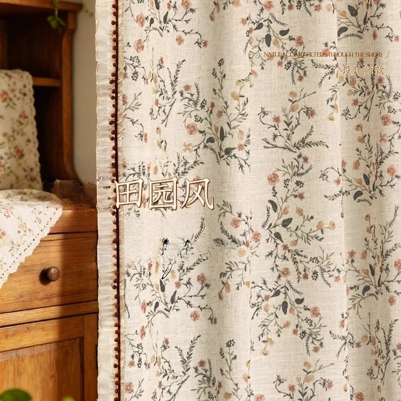 Pastoral Style Retro Floral Linen Tulle Gauze Logs Are Light-transmitting and Impermeable To People Curtains for  Bedroom