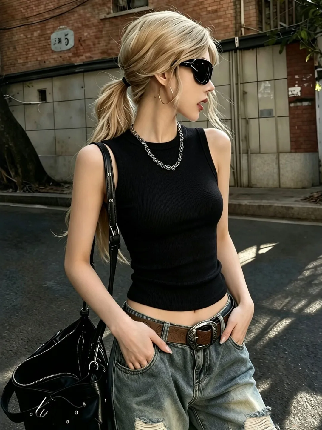 American Cool Black round Neck Sleeveless Vest Women Summer Cover Side Breast Outerwear Prevent Exposure Inner Match Base Shirt