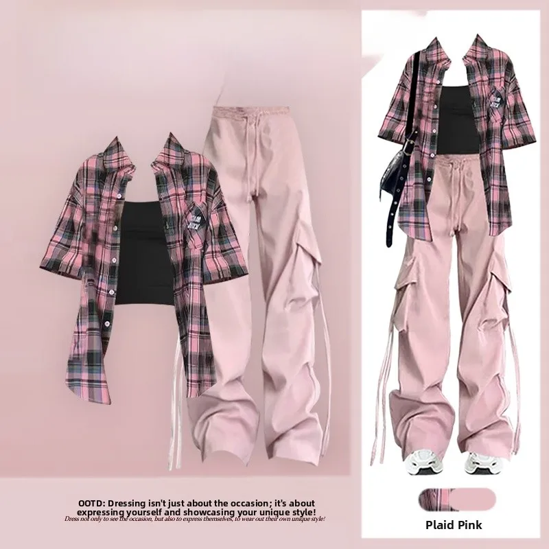 

Summer High-End Plaid Shirt Set Women's Cool Casual Three-Piece Suit with Strap Top And Loose Pants Non-Repeating Pattern