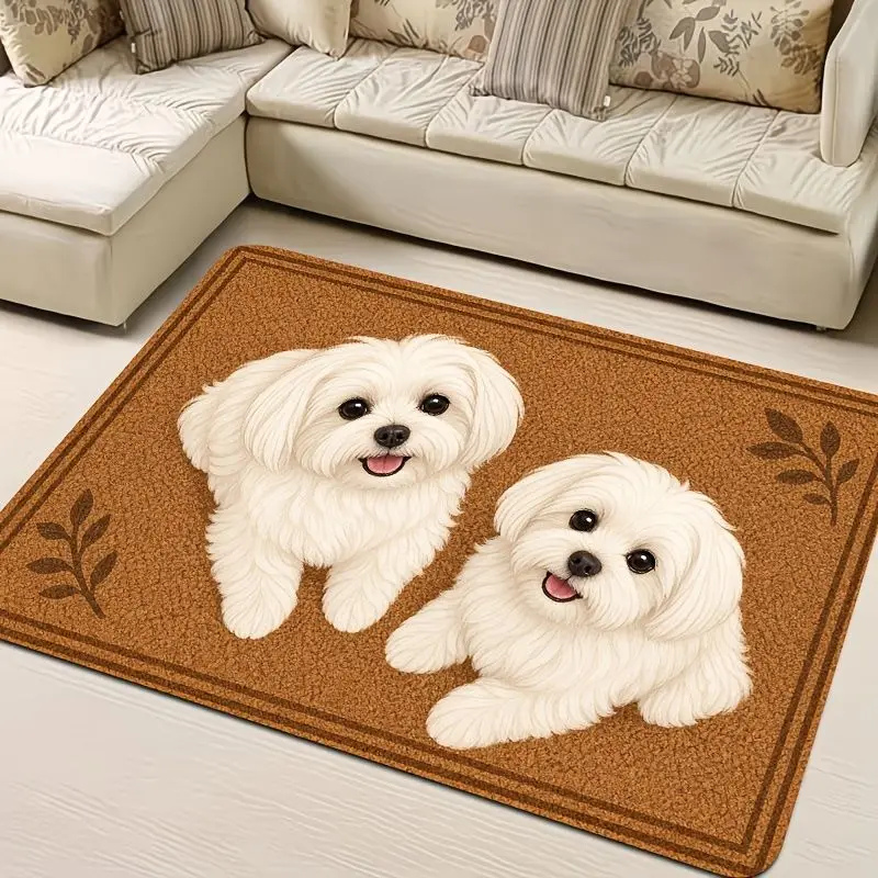 VIKAMA Two Adorable White Long-Haired Puppy Rugs—Soft, Non-Slip Indoor/Outdoor Entry Mats and Front Door Porch Decor