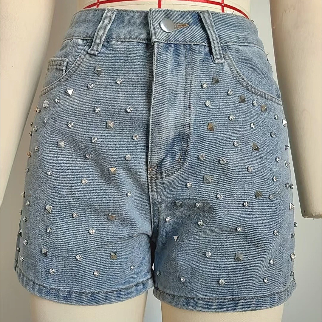 

Beach Shorts Jeans Women Diamonds Denim Mid Waist Washed Distressed Pockets Female Casual Straight Short Pants 2026 Streetwear