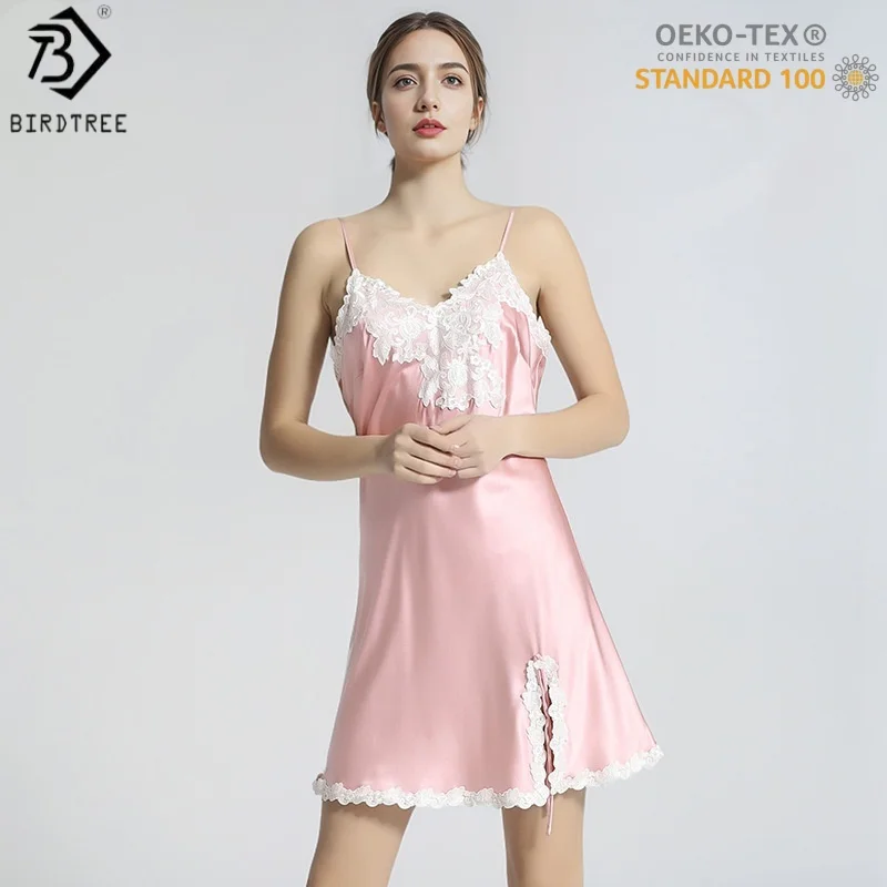 

Birdtree,OEKO-TEX,6A 100% Silk Nightgown, Women Lace Spaghetti Strap, Side Slit Pajama Sling Dress, 2025 New D5D004JF