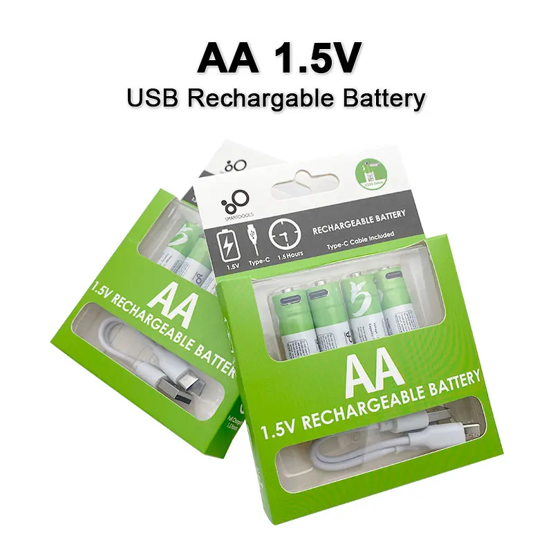 4pcs/lot AA USB rechargeable battery 1.5V 2600mWh li-ion battery for remote control mouse small fan Electric toy battery + Cable