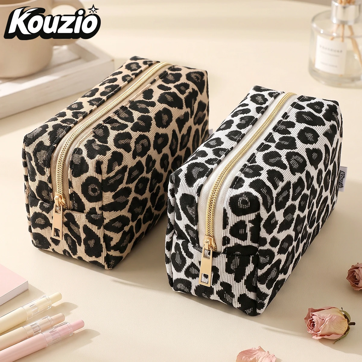 Jacquard Leopard Print Pencil Case, Large Capacity Woven Pen Pouch, Vintage Stationery Organizer, Makeup Bag, Back to School