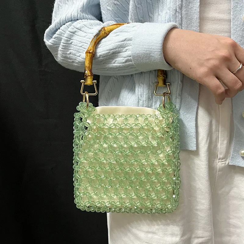 Customized 2026 New Fashion Handmade Bead Woven Bamboo Handle Hand-held Small Square Bags Fresh Versatile Luxury Women's Bag