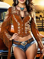Ethnic Chic Women Blouse Top Indie Folk Vintage Tassel High Waist Single Breasted Long Sleeve Shirt Round Neck Crop Tops