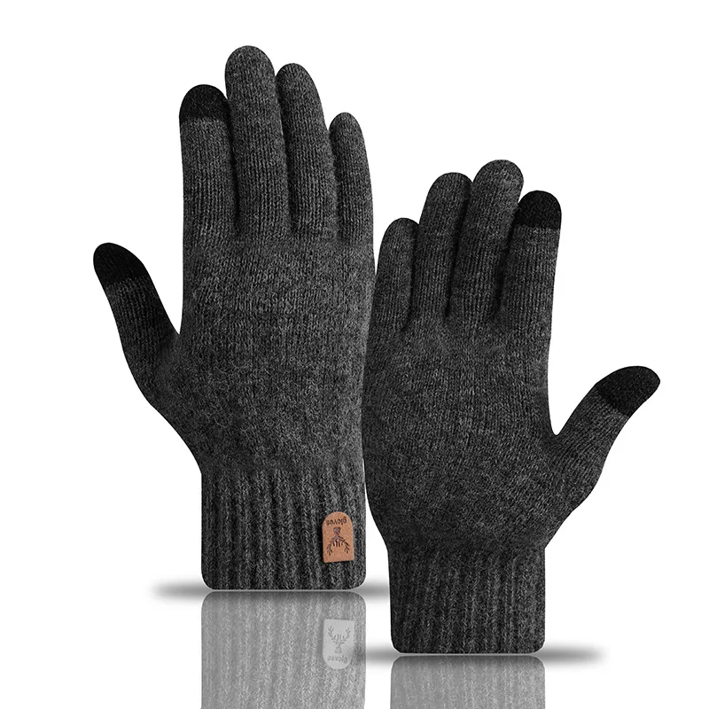 Thick Fleece Lined Winter Touch Screen Knit Gloves, Windproof Thermal Five Finger Gloves for Men Cycling Daily Use