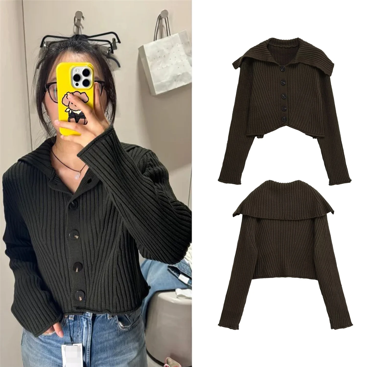 

Women's Casual Knitted Cardigan Coat Long Sleeve Button Decorated Short Coat Autumn Female Turn-Down Collar Jackets Streetwear