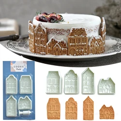 4Pcs 3D Christmas Gingerbread House Pattern Cookie Cutter Handmade Biscuit Stamp Fondant Embosser Cake Decorating Tools Bakeware