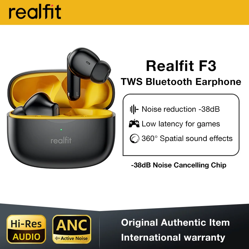 Realfit F3 ANC 액티브 노이즈 캔슬링 블루투스 이어폰, ENC 통화, 하이파이 스테레오, 뛰어난 베이스 무선 이어버드, 스포츠 게임 