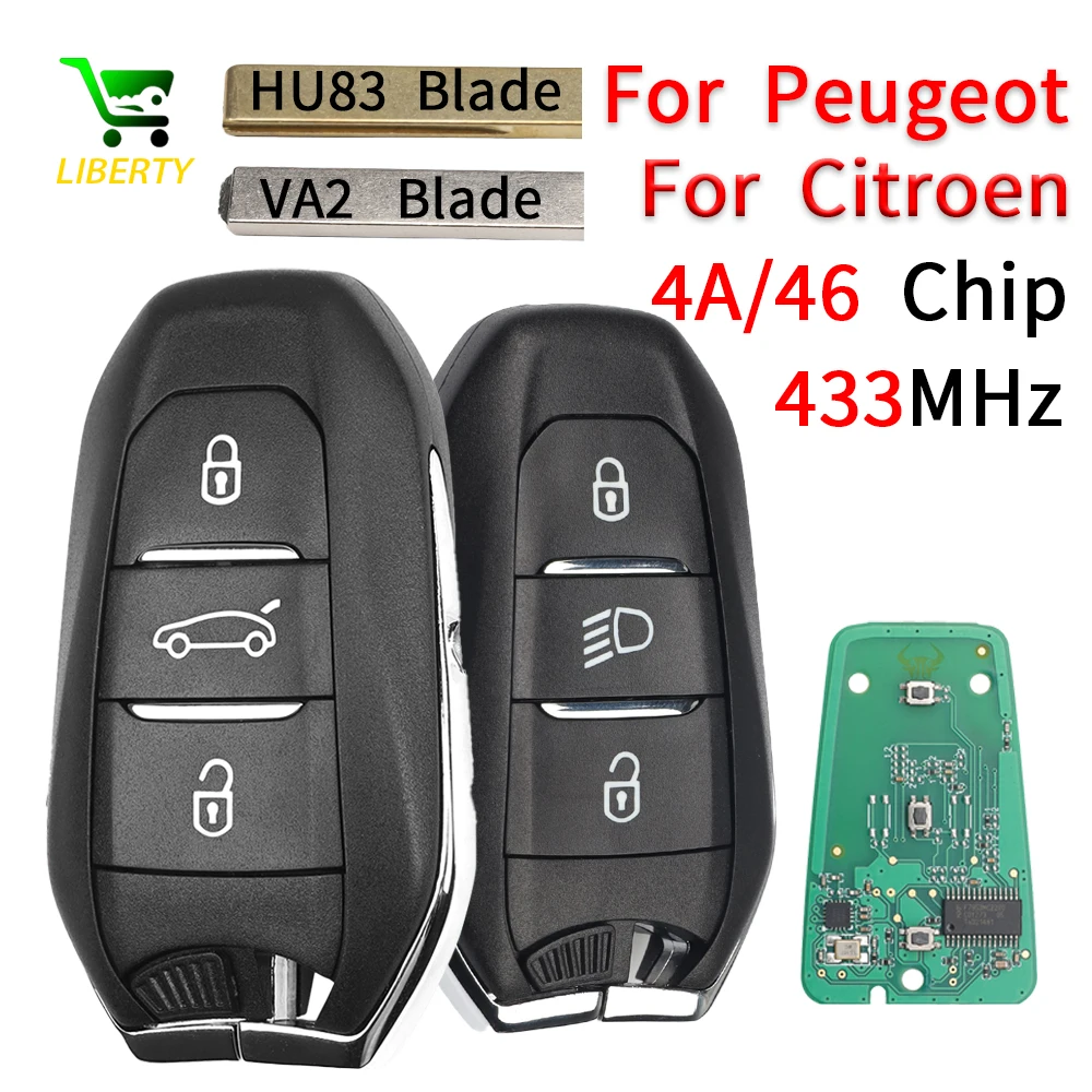 Liberty Smart Remote Car Key Fob ID4A/ID46 Chip 433MHZ For Peugeot 208 ...