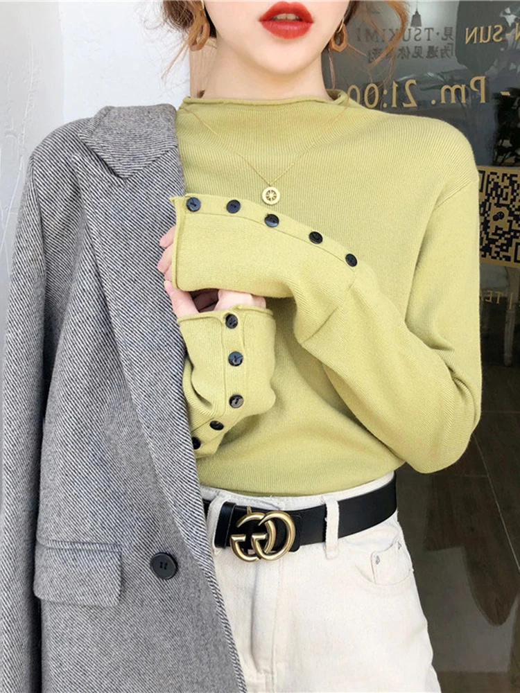 Suéter de punto para mujer, Jersey grueso de manga larga con cuello alto y botones, suave y cálido, otoño e invierno, 2024
