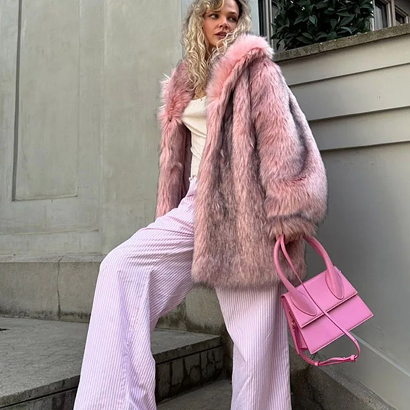 2025 nova moda de alta qualidade casaco de pele feminina inverno temporada estilo grosso imitação de pele rosa casaco feminino pele & pele do falso h667
