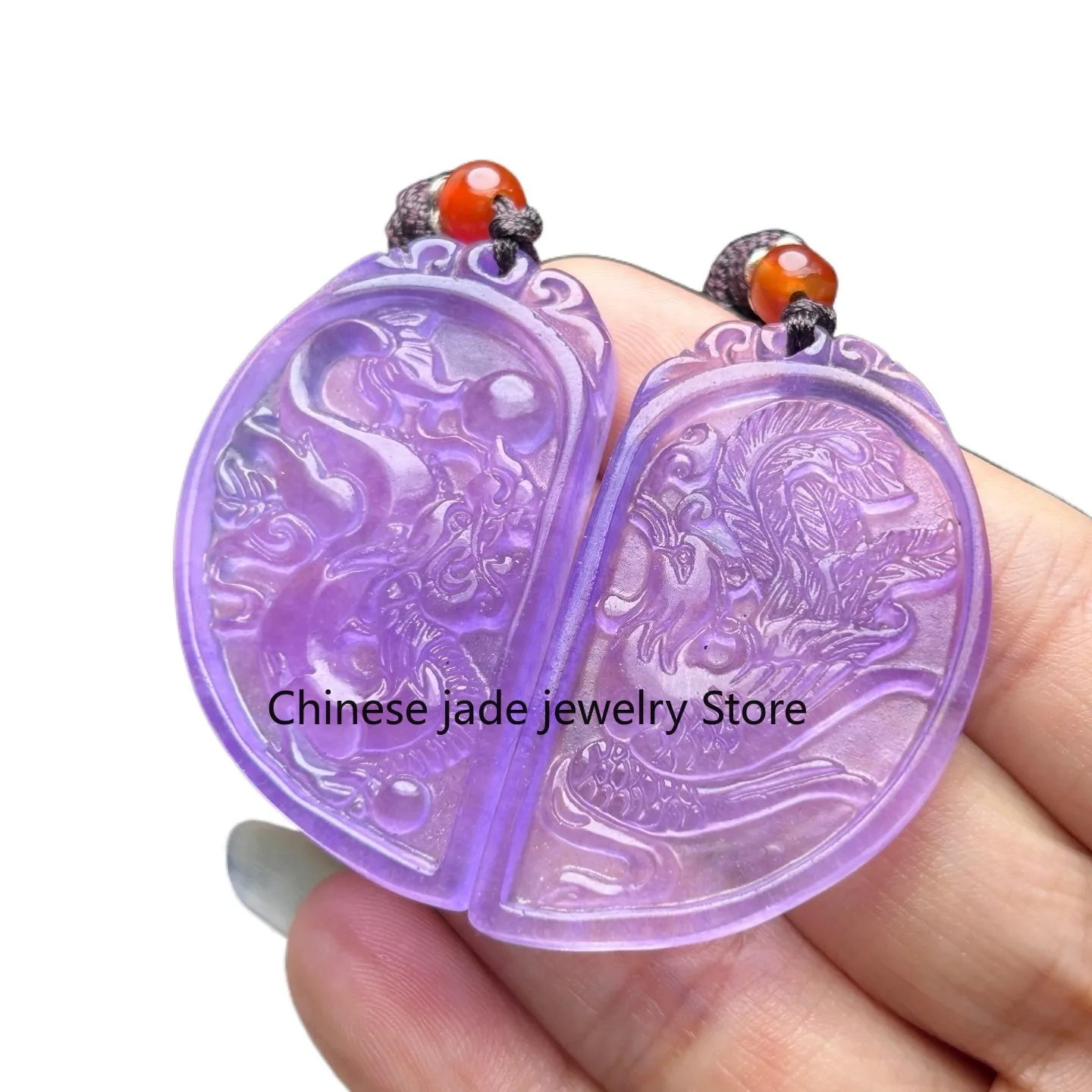 Natural Ice Lavender Burmese Jadeite Hand Carved Dragon Phoenix Pendant Necklace