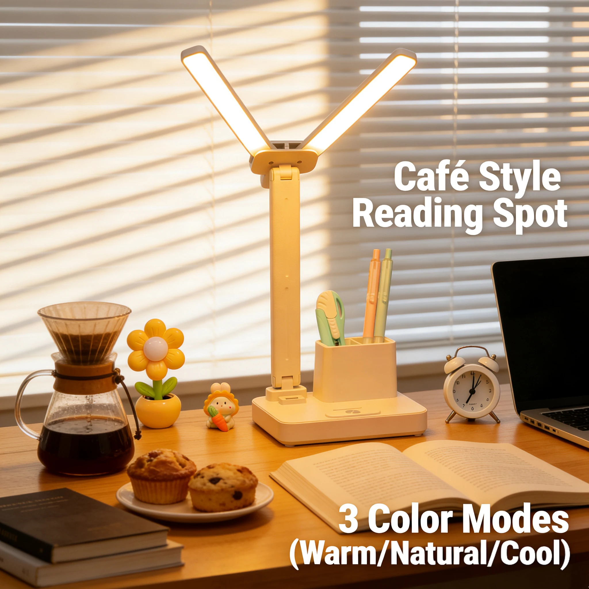 Dual Head Desk Lamp Foldable, USB Rechargeable Table Light with Detachable Pen Holder & Dimmable, Study Office Bedside Lamp
