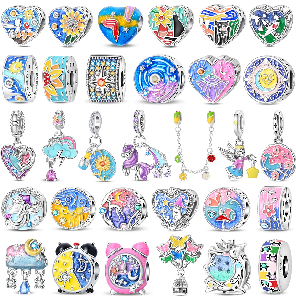 Art Style 925 Sterling Silver Starry Sky Sunflower Angel Heart Beads Dangle Charm Diy Handmade Jewelry Fit Bracelet Gift For Her