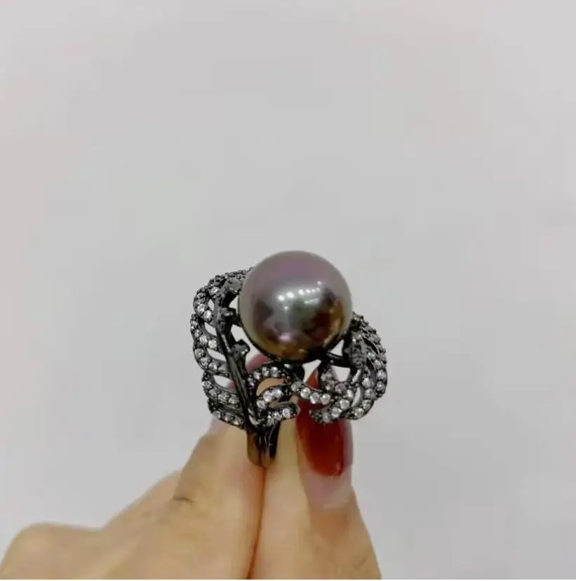 

stunning 10-11mm tahitian round black green red pearl ring 925s