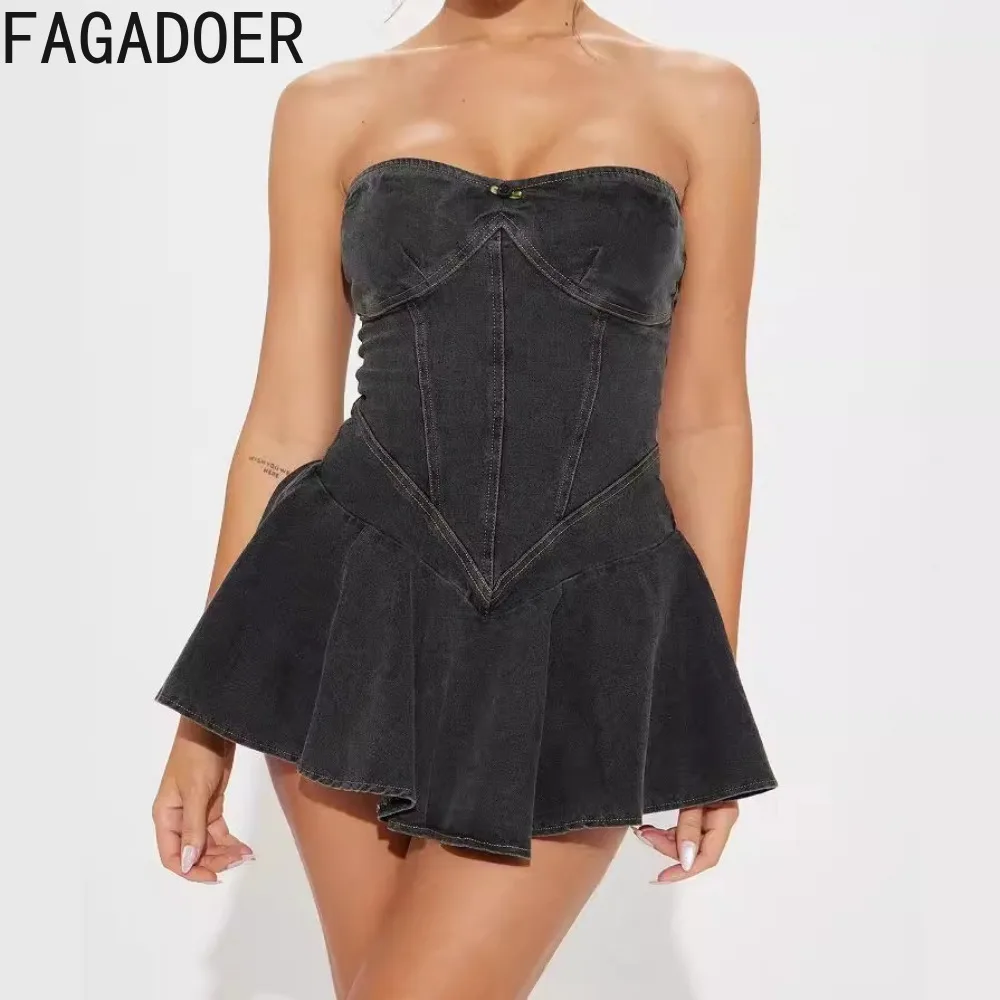 FAGADOER Y2K Denim Fashion Tube Ruched Mini Dresses Women Sleeveless Backless Ruffle Vestidos Female Bodycon Cowboy Streetwear