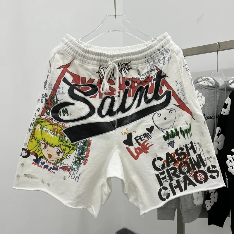 

Шорты Saint Graffiti Letter Washed Distressed с эффектом потертости, унисекс, свободного кроя, на шнурке, средней посадки, длиной до колена, модные повседневные брюки