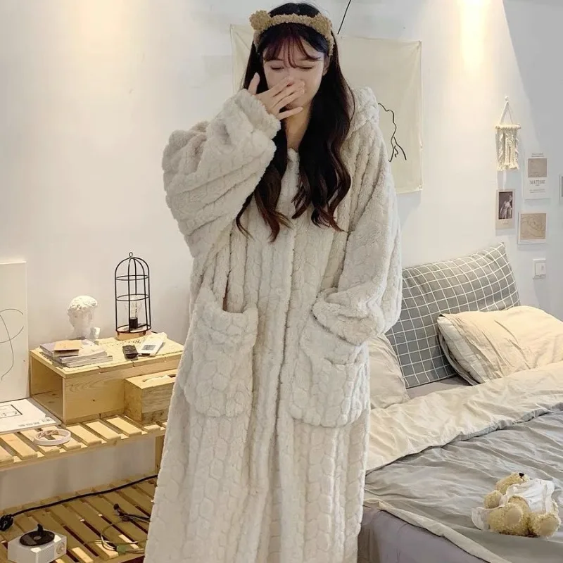 Hooded Robe for Women Sleepwear Nightdress Winter Night Wears Warm Fleece Pajama One Piece Nightgown Pocket Long Sleeve Homewear