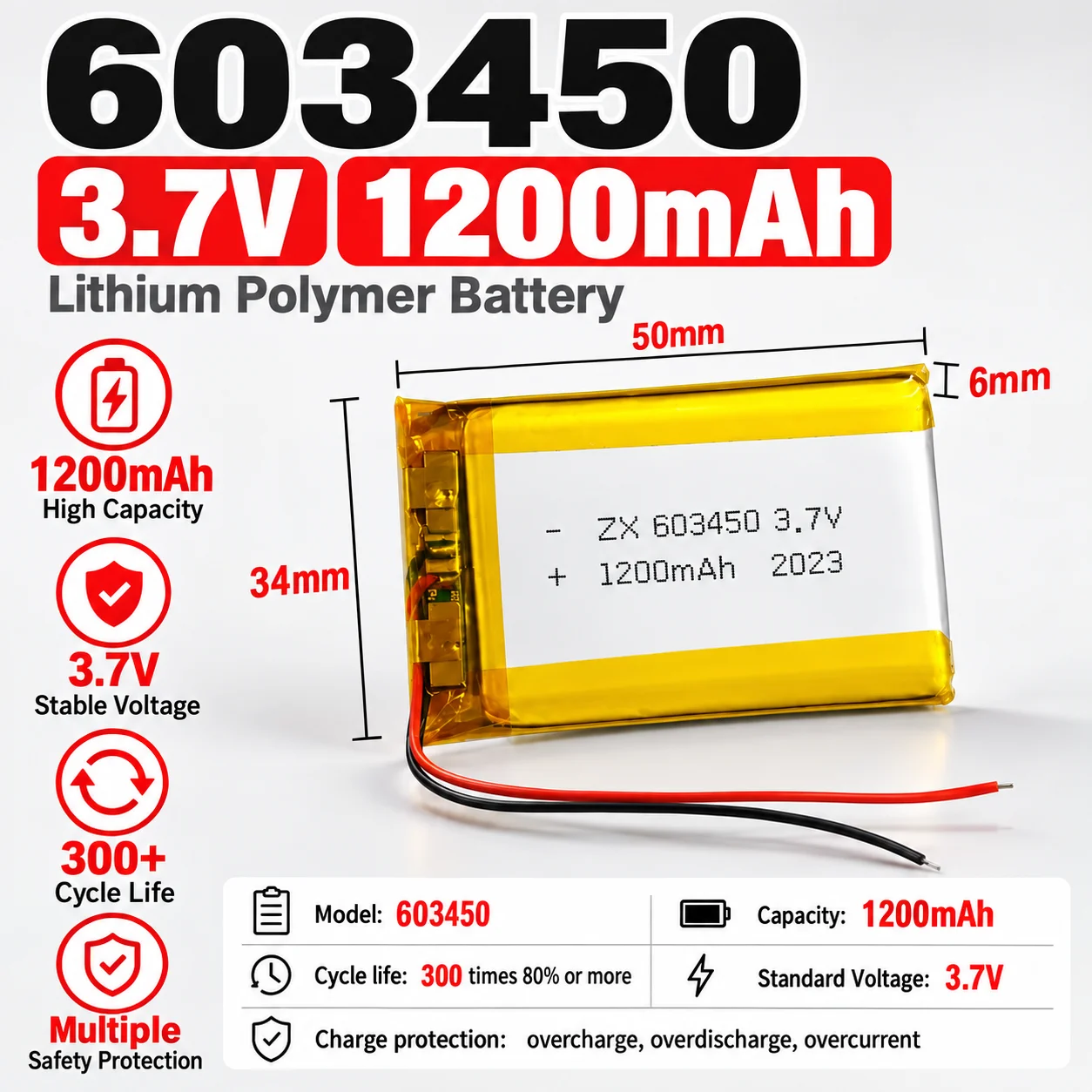 3.7V 1200mAh 603450 Rechargeable Li‑Polymer Battery for Beauty Device Bluetooth Earphone Fingerprint Lock Replacement