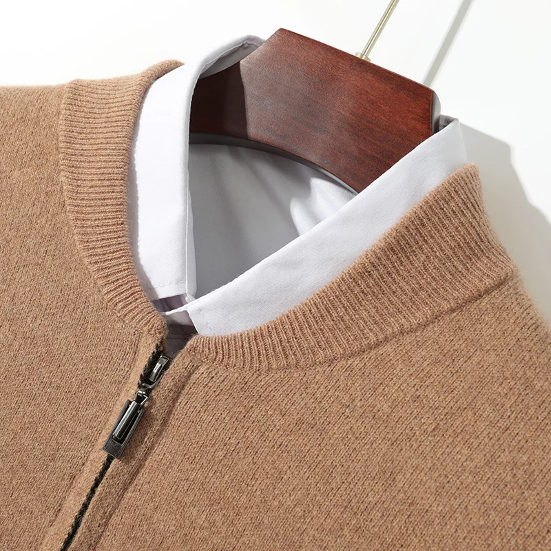 Autumn And Winter 100% Wool Cardigan Men's Round Neck Solid Color Zipper Sweater Business Casual Padded Knit Bottoming Coat