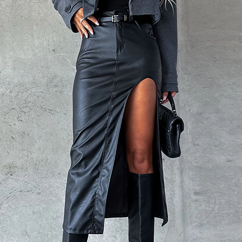 Winter Fashion High Slit Commuter Long Skirts 2024 Temperament Solid Bodycon Leather PU Skirt Women New Bag Hip Half Party Dress