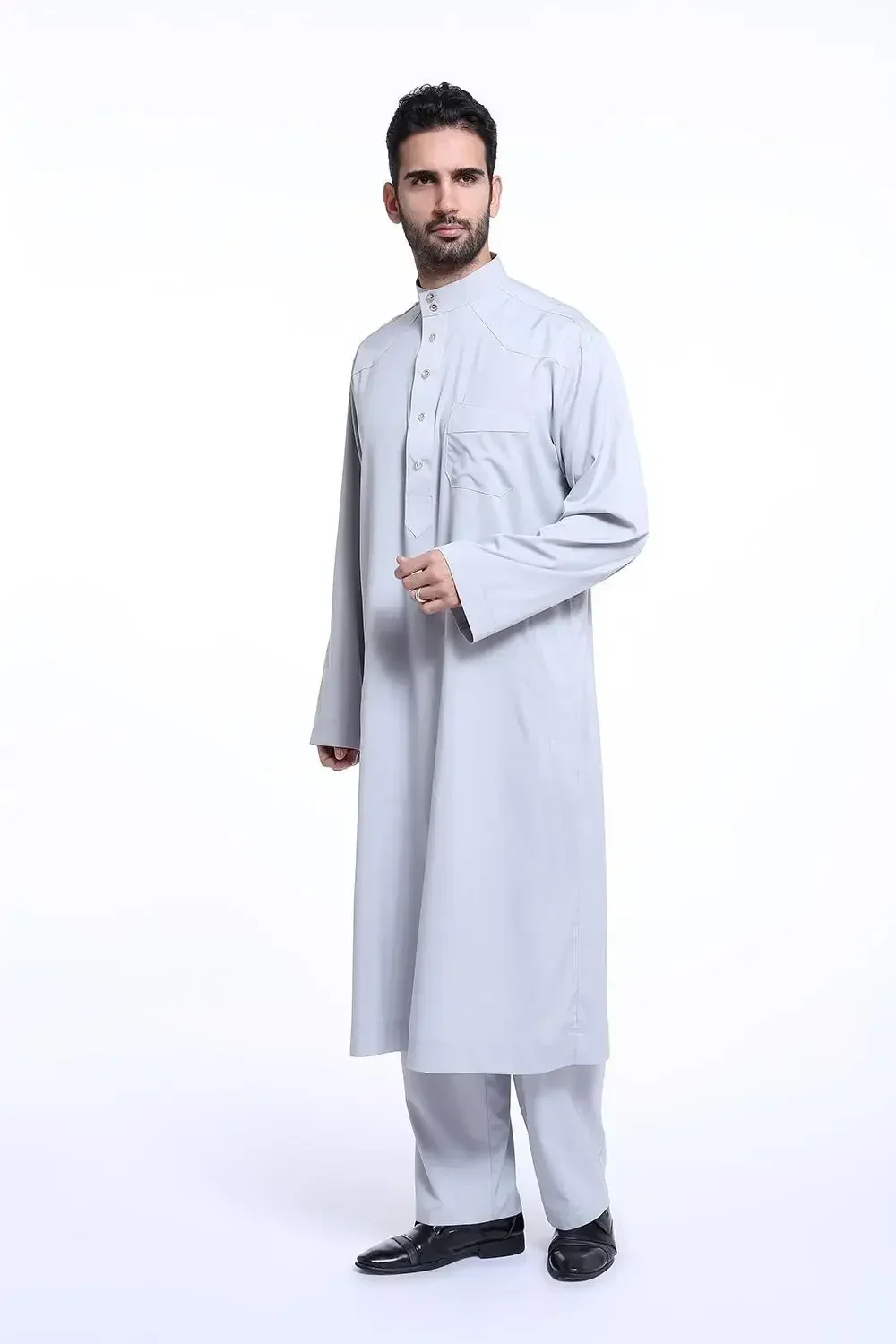 2 pezzi Dubai Arabo Islam Uomini musulmani Jubba Thobe Abbigliamento Abito lungo Set Top e pantaloni Saudi Eid Musulman Indossare abiti Medio Oriente