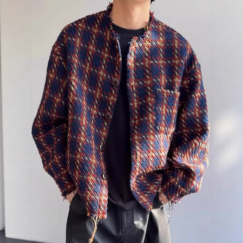 American Retro Chic Plaid Jacket for Men Vintage Inspired Oversized Wool Blend Blazer with Raw Edge Detail Stylish