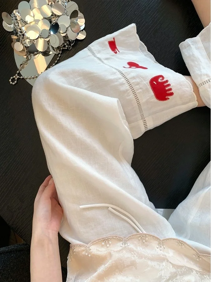 

Повседневные прямые брюки с вышивкой и кружевом, свободные широкие брюки в корейском стиле, хлопковые, удобные, для города